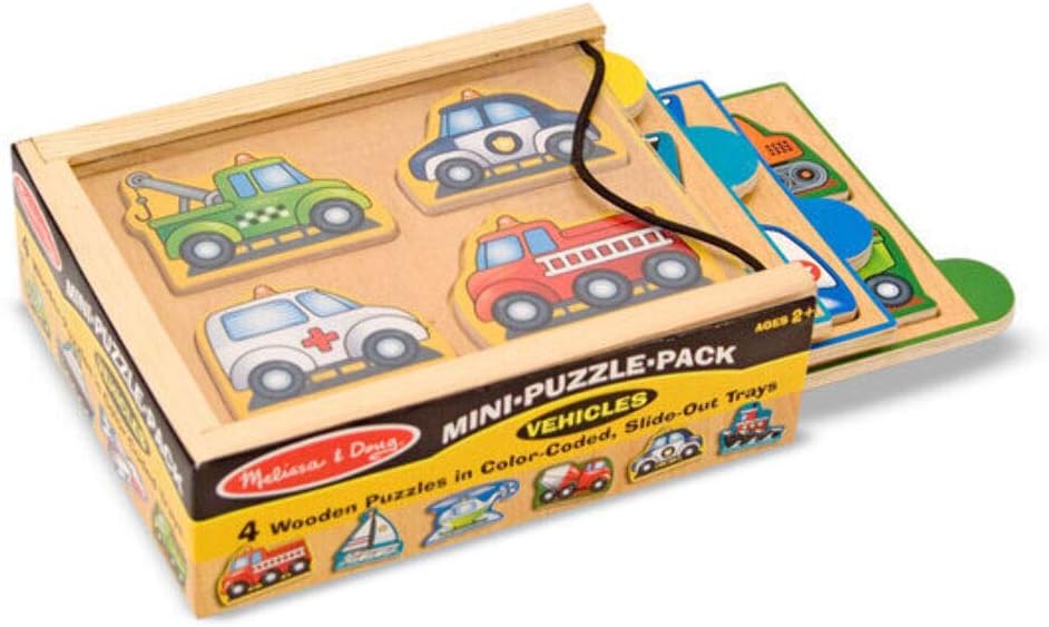 Melissa & Doug Vehicles Wooden Mini-Puzzle Set With Storage and Travel Case