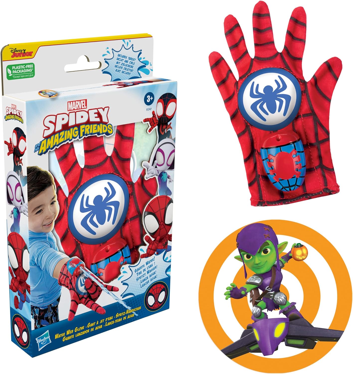 Marvel Spidey and His Amazing Friends Spidey Water Web Glove, Preschool Water Toy with Green Goblin Target for Kids Ages 3 and Up