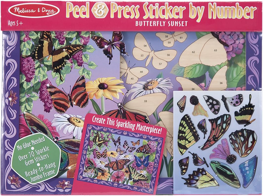 MaMeMi Melissa & Doug Peel and Press Sticker by Number Activity Kit: Butterfly Garden - 70+ Stickers, Frame