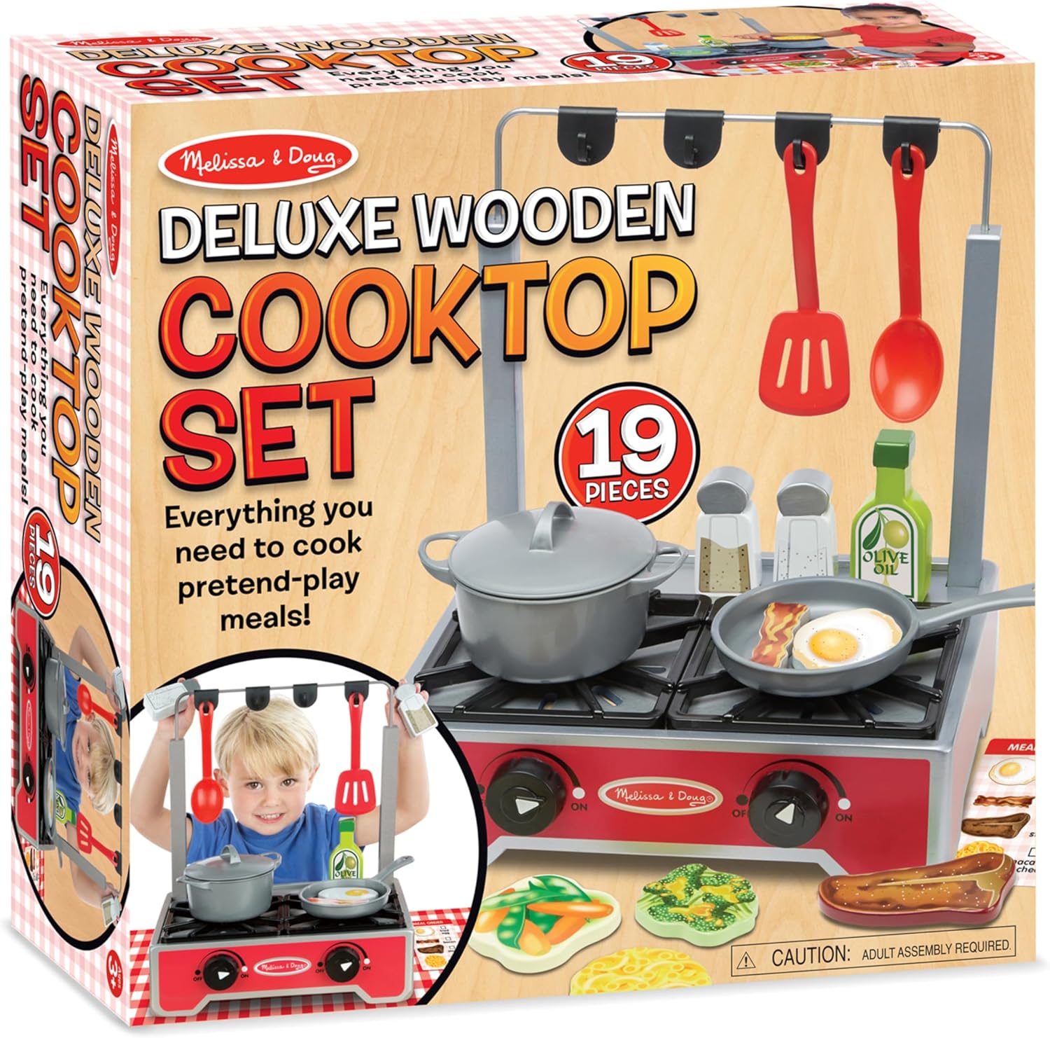 Melissa & Doug 17-Piece Deluxe Wooden Cooktop Set With Wooden Play Food, Durable Pot And Pan