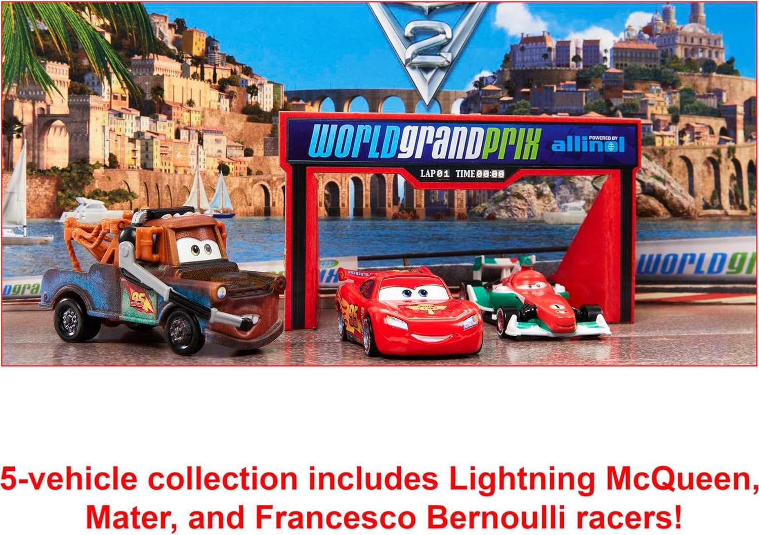 Mattel Disney and Pixar Cars Vehicle Set of 5 Collectible Character Toy Cars & Tool Cart, Inspired by World Grand Prix from Cars 2