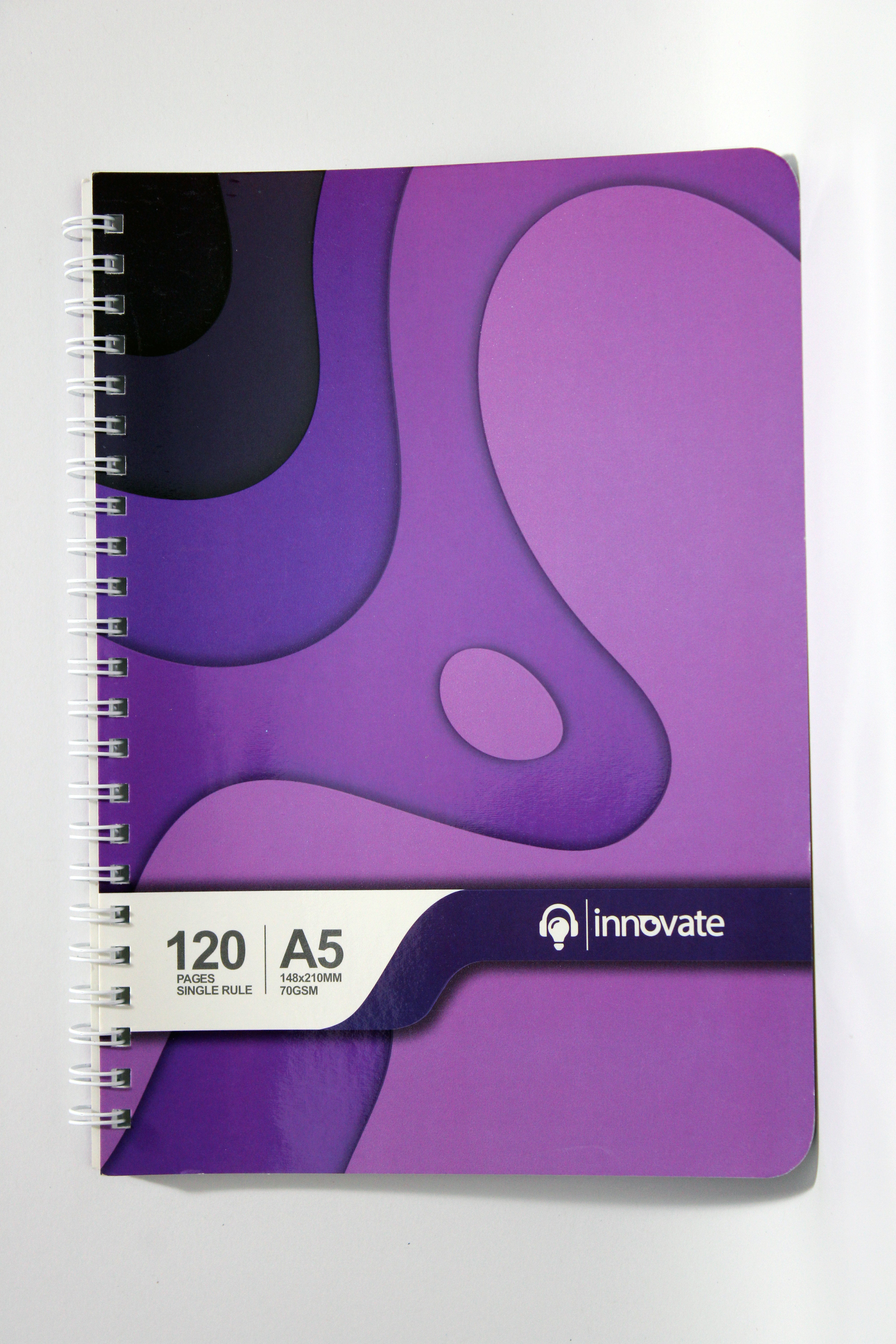 Innovate A5 Spiral Notebook, 120 Single Ruled Pages, 70GSM, Abstract Wave Design, Purple, 14.8 x 21 cm