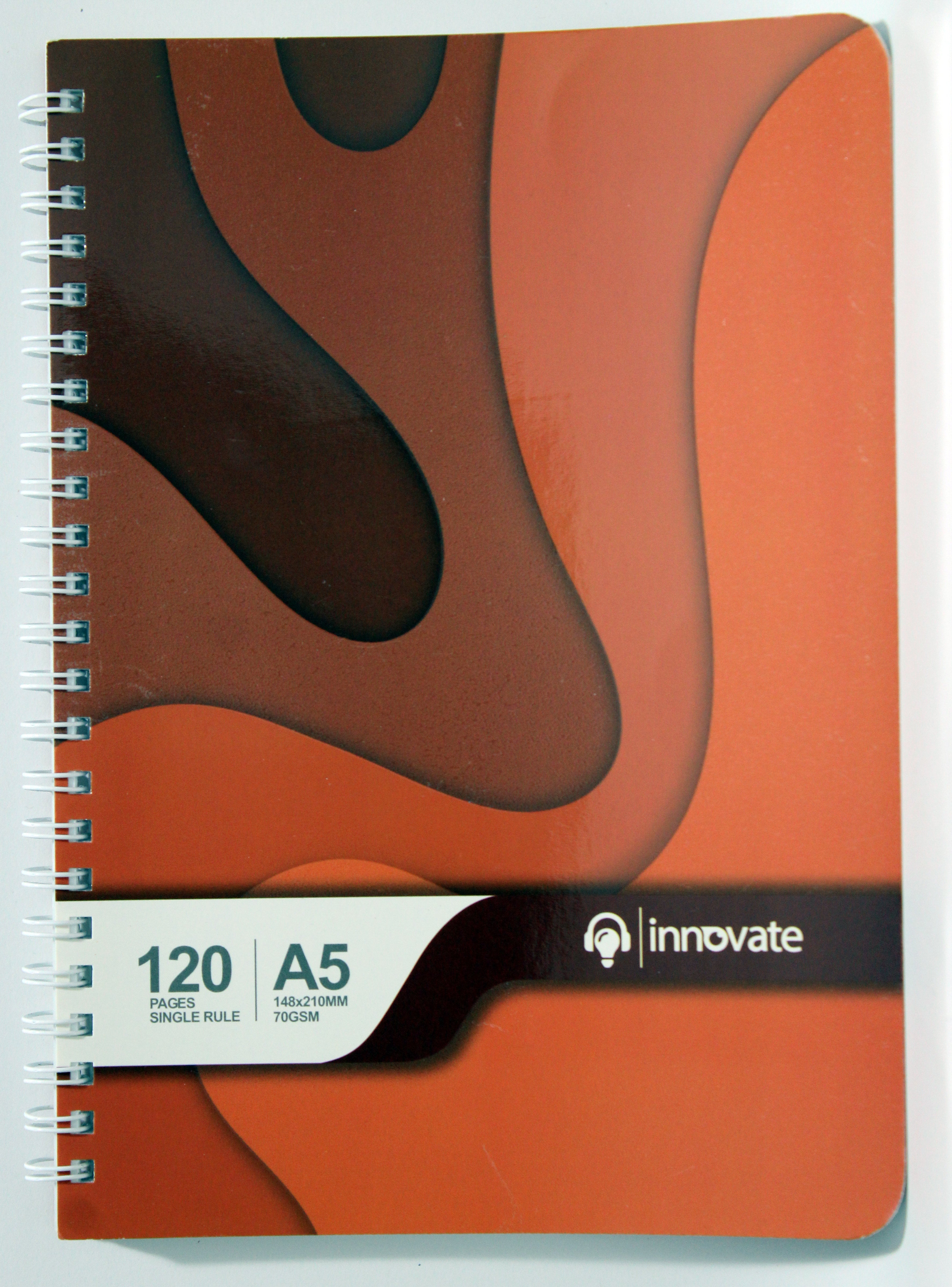 Innovate A5 Spiral Notebook, 120 Single Ruled Pages, 70GSM, Abstract Wave Design, Purple, 14.8 x 21 cm