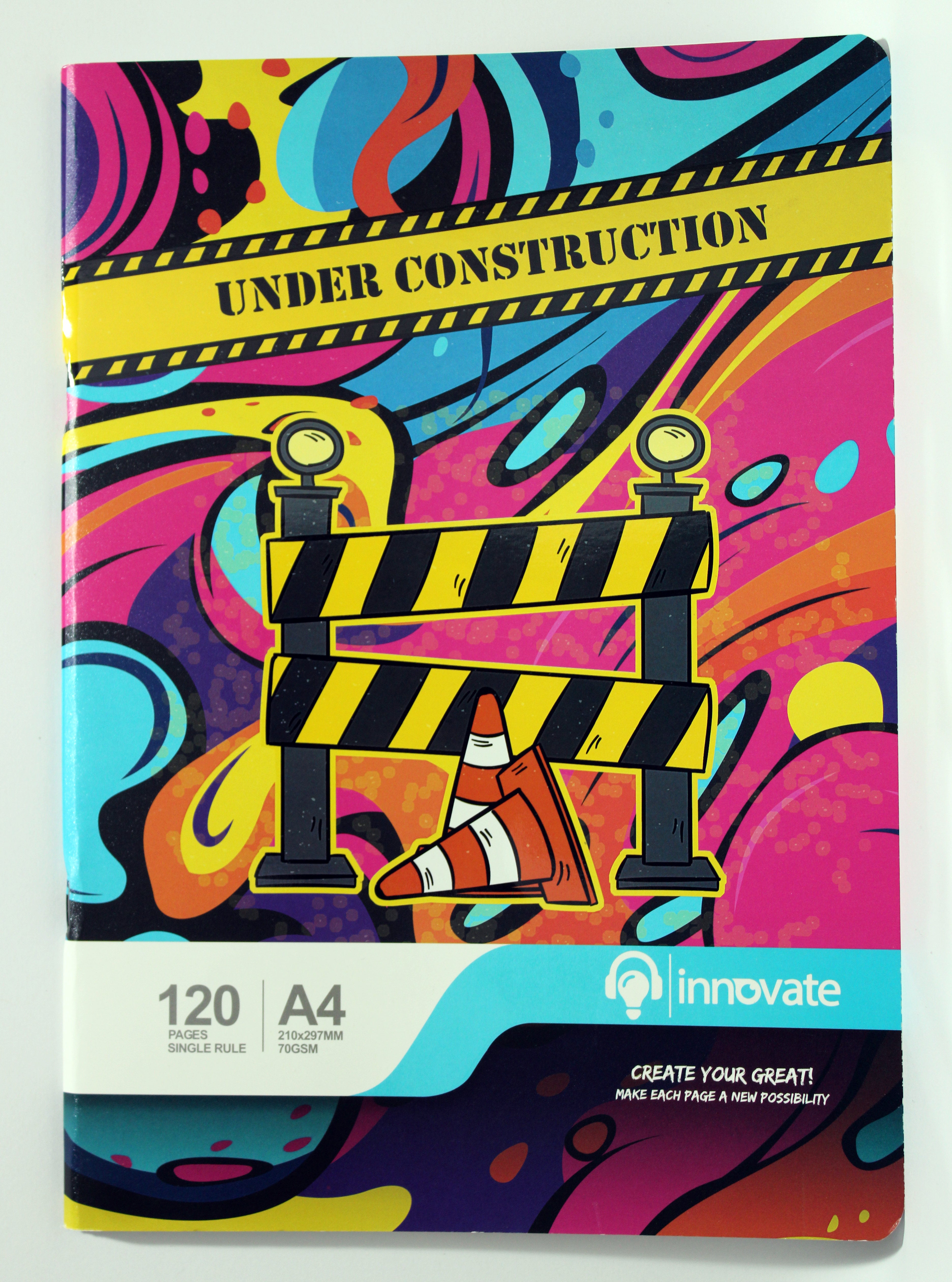 Innovate A4 Notebook – 120 Pages, Single Rule, 70 GSM (Assorted Designs)